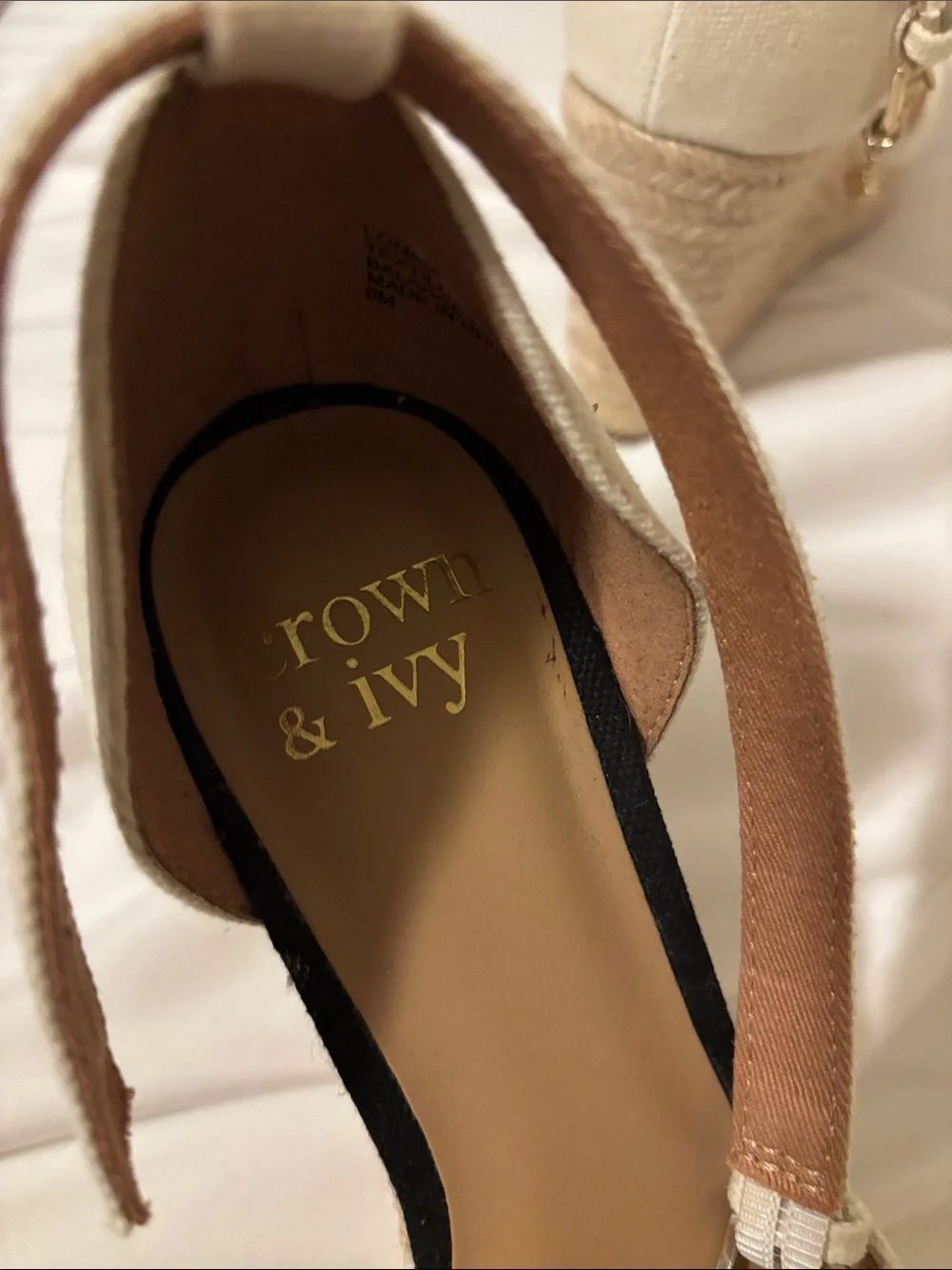 crown & ivy Cream and Black Ankle-Tie Espadrille Wedges
